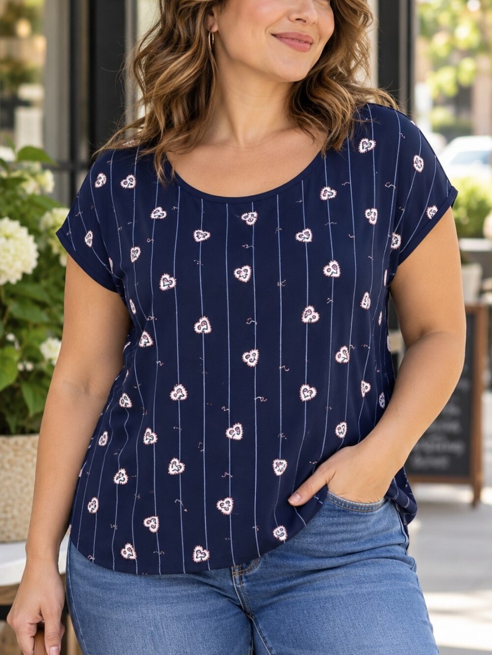 Reitmans The Relaxed Navy Heart Print Short Sleeve Top XXL